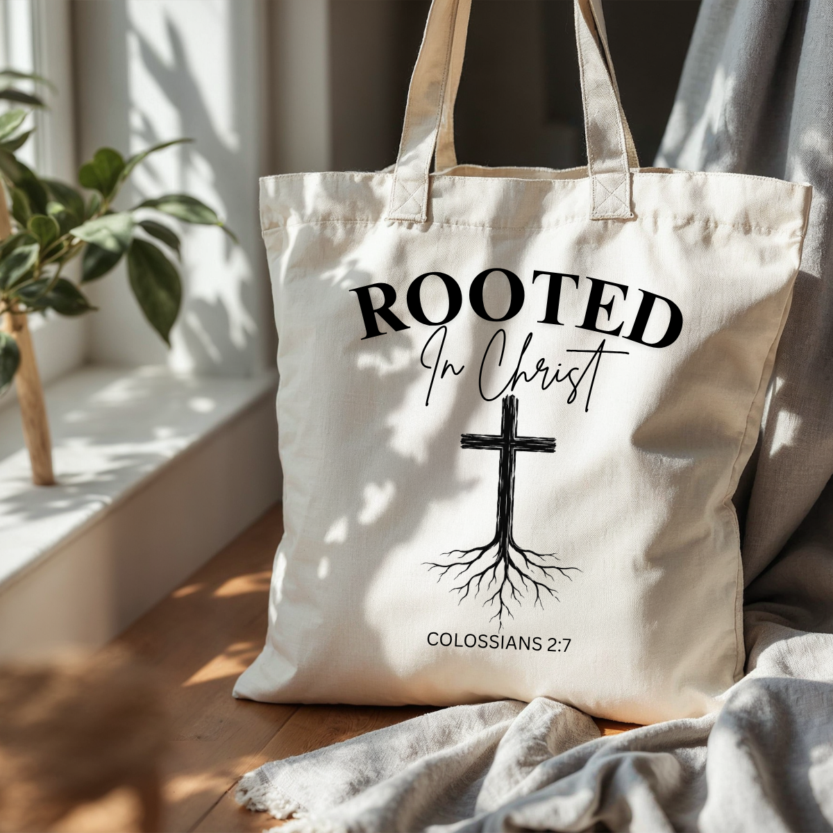 ROOTED IN CHRIST TOTE BAG